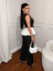 Vavine Classic Black & White Colorblock Commuter Round Neck Sleeveless Patchwork Top And High Waist Straight Leg Wide Leg Pants Set - Black and White - View 2