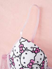 HELLO KITTY AND FRIENDS | SHEIN Set Lingerie Wanita Modis dengan Bra Motif Kartun Lucu dan Celana Dalam Segitiga Renda Patchwork - Berwarna merah muda - View 5