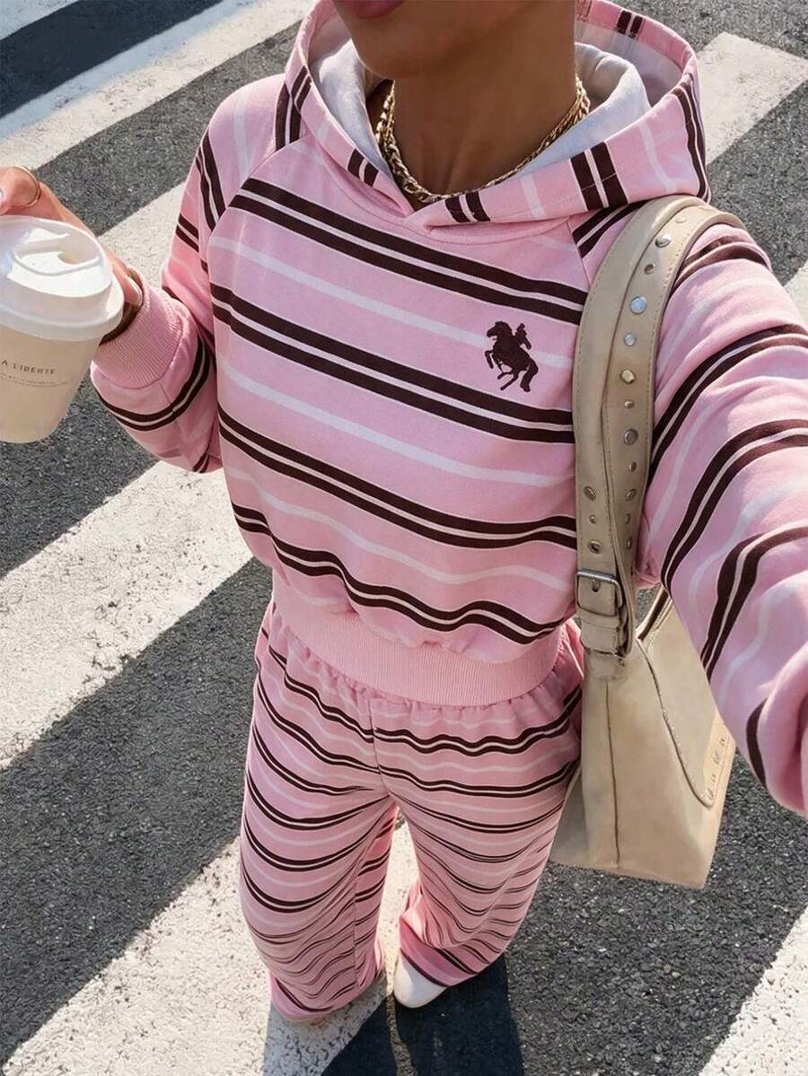 SHEIN 青少年女孩長袖抓絨套裝上衣 2件/組 圓領粉色條紋小馬圖案連帽衫套裝 秋季 六年級 正式寬鬆派對度假款 - 彩色 - 查看 1