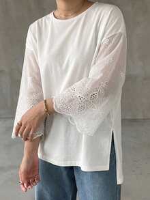 Dazy Plus Solid Color Contrast Lace Bell Sleeve Hem Slit Front Short Back Long Design Spring Summer Autumn White T-Shirt - White - View 7