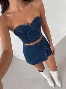 Glamine SHEIN Glamour 女款時尚無肩帶罩杯短版牛仔上衣 - 深色水洗藍 - 查看 5