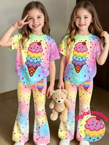 SHEIN 1套彩色冰淇淋圖案T恤與長褲套裝，適合4-7歲女孩春夏季穿著，舒適可愛休閒日常風格 - 彩色 - 查看 1