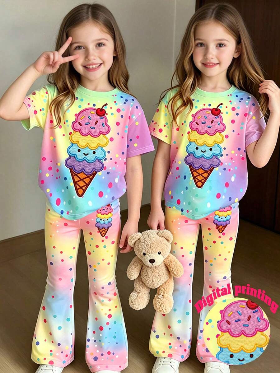 SHEIN 1套彩色冰淇淋圖案T恤與長褲套裝,適合4-7歲女孩春夏季穿著,舒適可愛休閒日常風格 - 彩色 - 查看 1