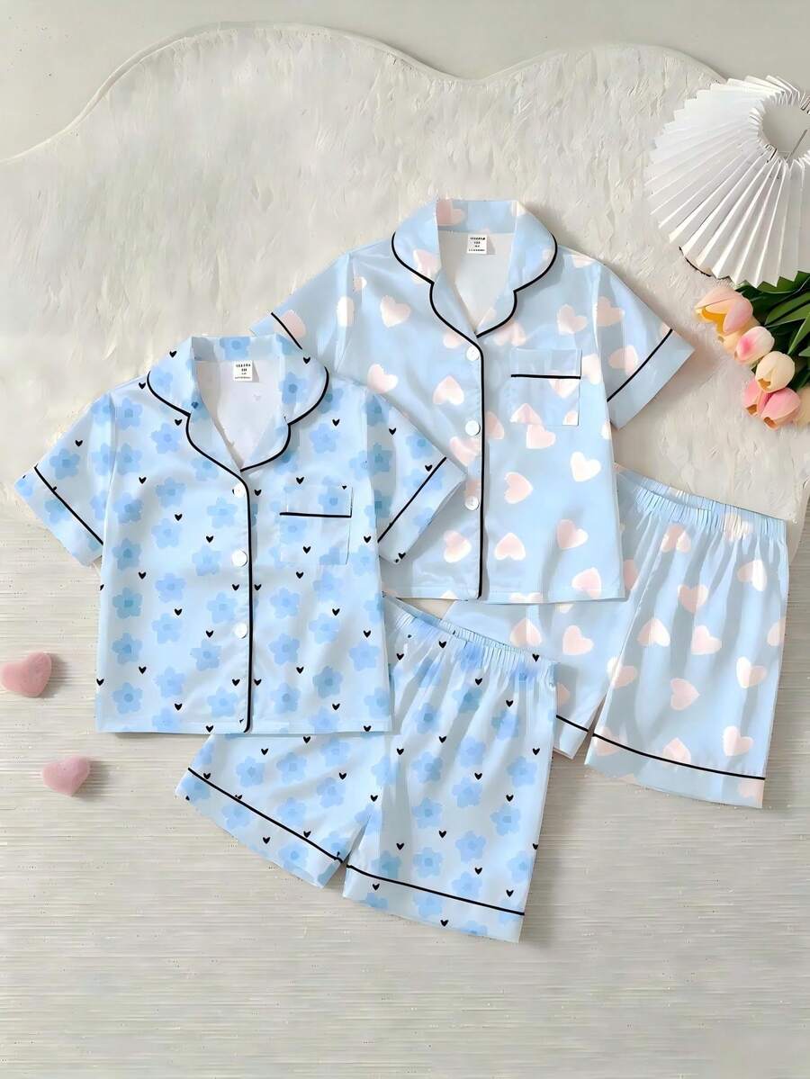 SHEIN 4件套花卉爱心印花女童开衫睡衣套装 - 淺藍色 - 查看 1