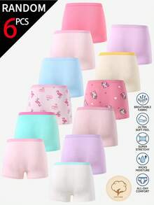 SHEIN 6条装女童可爱卡通像素熊、美人鱼、独角兽、火烈鸟印花随机款透气纯棉三角裤，四季皆宜 - 彩色 - 查看 2