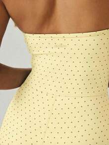 Aralina Stretch Knit Halter Neck Bodycon Fit Polka Dot Sculpting Silhouette Summer Outfits Women Romper Shorts Workout Gym Casual World Cup Fan Outfit - Light Yellow - View 4