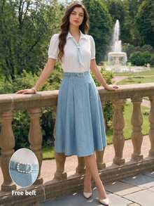 Vintamour Vintage Preppy Klassisch Elegant Damen 2-teiliges Set Frühling Sommer Bluse Rock Gürtel Blau und Weiß gestreift Aqua Schulanfang Büro Outfits für Frauen - Blau - Übersicht 4
