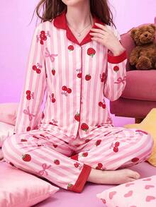 Provexi Provexi Bubble Crinkle Pink Striped Strawberry Print Long Sleeve Long Pants Pajama Set - Multicolor - View 7