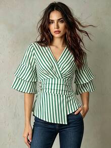SHEIN LUNE Women's Casual/Office Asymmetrical Hem Design Shirt, Spring/Summer - Green - View 1