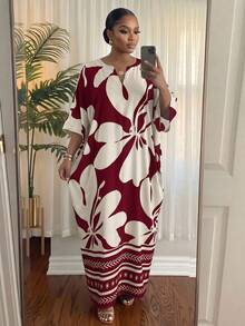 SHEIN Lady CURVE 大尺碼優雅 Eleganza 淑女通勤婚禮賓客度假花卉印花洋裝 白色夏季 - 酒紅色 - 查看 3