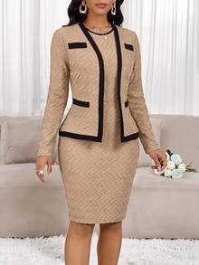 SHEIN Lady Women's Colorblock Dress And Long Sleeve Cardigan Casual Daily 2 Pieces Set - Khaki - View 4