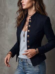 Solivie Women's Fashion Commuter Office Navy Blue Jacket, Works For Women, Autumn For Women Fall Women Clothes Women Winter Coat Jacket Elegant 70s Retro - Navy Blue - View 5