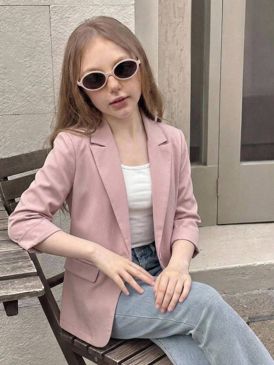 SHEIN Tween女孩純色翻領單扣休閒秋季夾克外套 - 粉色 - 查看 1