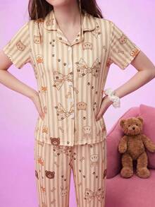 Provexi Provexi Set Piyama Wanita Kasual Lucu Bermotif untuk Tidur di Rumah, Warna Beige, Musim Panas - MultiWarna - View 4