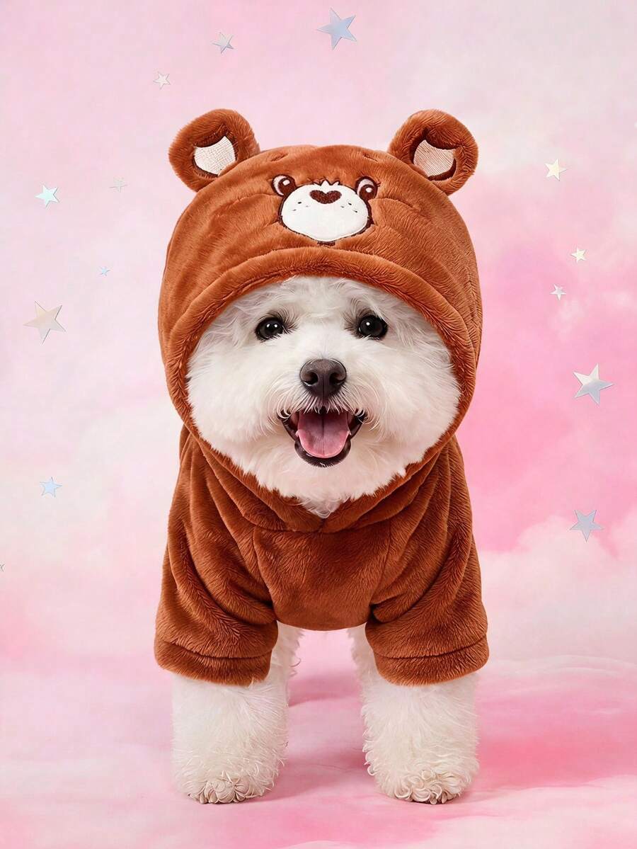 Care Bears X PETSIN 1件棕色心形熊刺繡寵物Cosplay連帽衫,附3D尾巴,天鵝絨保暖厚款運動衫,適合貓狗,適合舒適室內休息或寒冷戶外冬季散步 - 棕色 - 查看 1
