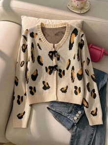 SHEIN 女童 8-12 歲米色蝴蝶結長袖針織開襟衫，適合搭配細肩帶背心、裙子和牛仔褲，春季秋季上學穿著，可愛風格 - 彩色 - 查看 10