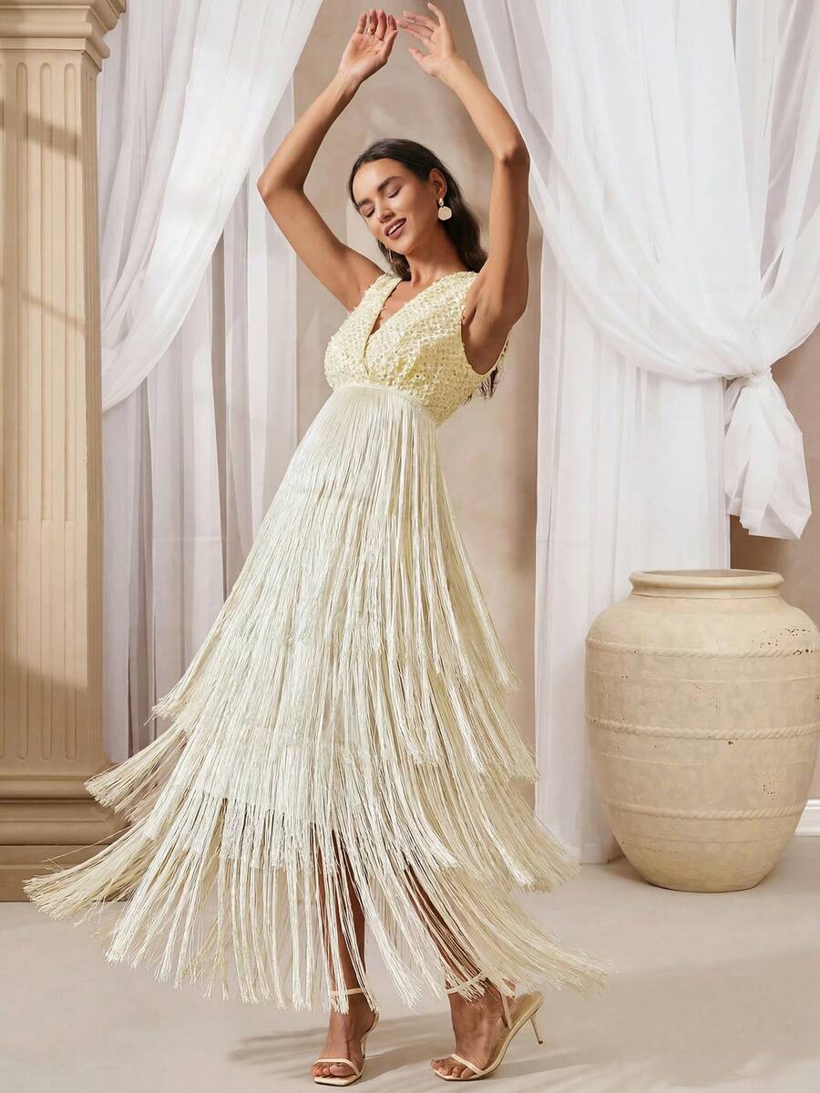 VOLUPTÉ CURVE Women's Spring/Summer Cream White Maxi Dress Sequin V-Neck Sleeveless Fringe Gown, Elegant Party Dinner Wedding Date Guest - Beige - View 1