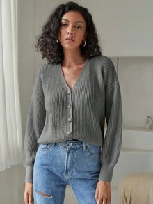 EURMUSE Button Front Drop Shoulder Ribbed Knit Cardigan - Grey - View 5
