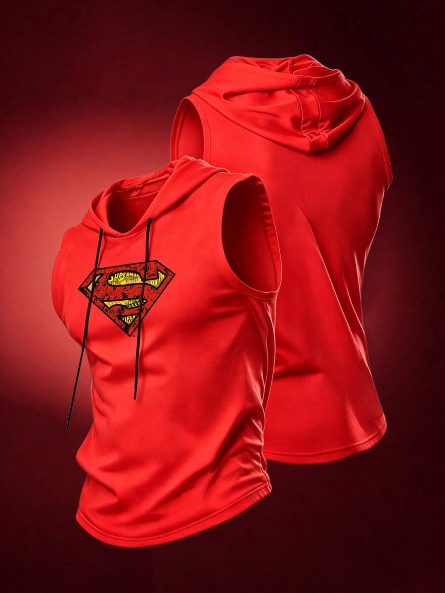SUPERMAN X SHEIN 男士抽繩連帽休閒百搭日常旅行運動T恤 - 紅色 - 查看 1