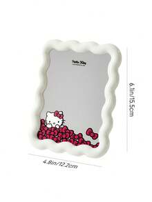 HELLO KITTY AND FRIENDS | SHEIN 波浪奶白色邊框桌上鏡，可愛貓咪與蝴蝶結印花，高清晰玻璃，適合化妝，適用於書桌、臥室與宿舍 - 白色 - 查看 5
