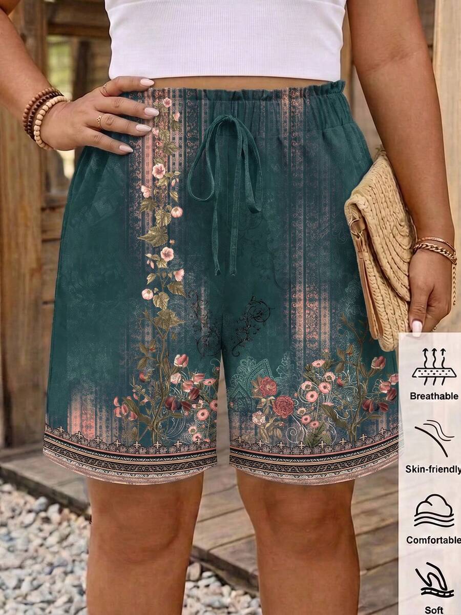 Comfylo Casual Minimalist Green Floral Print Plus Size Pants, Suitable For Spring, Summer And Autumn - Multicolor - View 1