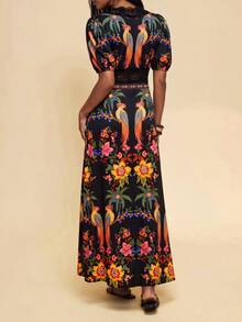 Travachic 女款度假棕櫚樹印花對比蕾絲短泡泡袖優雅熱帶洋裝，黑色復古風，適合度假、優雅通勤、節慶、鄉村風 - 彩色 - 查看 2