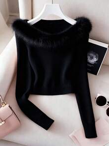 Franclia Women's Solid Color Long Sleeve Fashionable Patchwork Fur Collar Sweater, Autumn/Winter - Black - View 3