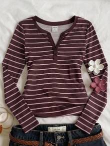 SHEIN 少女修身休閒簡約舒適圓領半排扣棕色與粉色條紋長袖T恤 - 彩色 - 查看 1