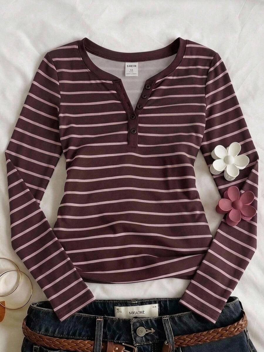 SHEIN 少女修身休閒簡約舒適圓領半排扣棕色與粉色條紋長袖T恤 - 彩色 - 查看 1