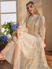 Anewsta Women's Long Sleeve Elegant Lady Embroidered Fabric Mid-Length Mesh Dress - Beige - View 5