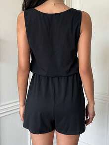 SHEIN EZwear 女款純色缺口V領腰部綁帶無袖連身褲 - 黑色 - 查看 8