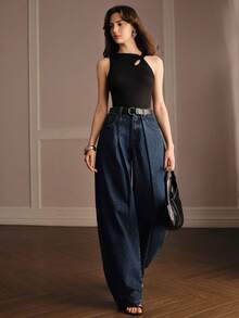 Anewsta Women's Autumn/Winter Modern Retro High-Waist Double Pleated Hip-Flattering Slimming Curved Floor-Length Jeans In Deep Blue Washed - Blue - View 1