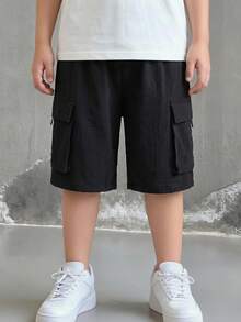 SHEIN 兒童青少年男孩休閒日常舒適 3D貼布口袋寬鬆素色梭織短褲 - 彩色 - 查看 4
