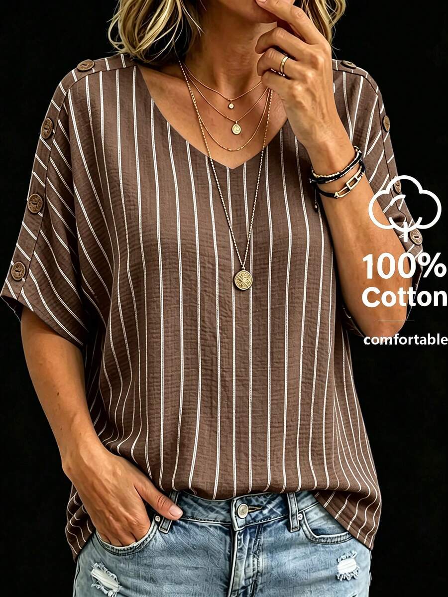 Linhara CURVE Plus Size Women's V-Neck Short Sleeve With Button Striped Bloues,Summer Vacation Cotton Casual Top - Brown - View 1