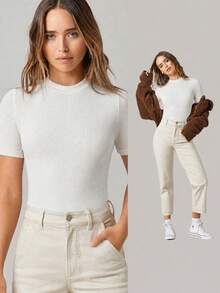SHEIN BASICS 女款純色百搭圓領短袖T恤，適合日常穿著 - 白色 - 查看 9