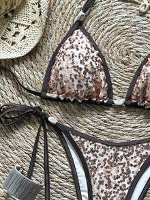 Bonvoyette 2-Piece Spring/Summer Sequin Textured Fabric Marble Print Bead Decor Triangle Cup Bra And Side Tie Bikini Bottom Sexy Bikini Set Beach Club Brown - Multicolor - View 2
