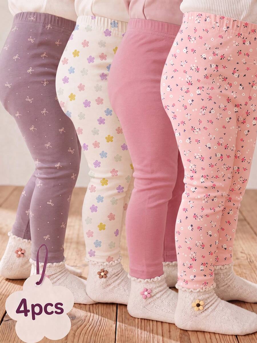 SHEIN 柔霧色調波希米亞花卉波點圖案女嬰可愛舒適休閒彈性內搭褲4件組，適合秋冬日常穿著，易穿舒適，休閒穿搭，新季節款 - 彩色 - 查看 1