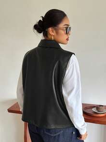 Dazy Plus Solid Color Street Casual Lapel Loose Sleeveless Jacket PU Vest, Spring/Autumn Layering - Black - View 7