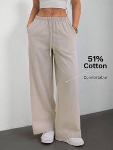 SHEIN PETITE 女款純色腰綁帶口袋長褲，舒適，適合春、夏、秋、冬 - 彩色 - 查看 10
