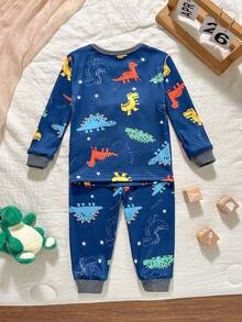 Loomiva Piyama Bayi Laki-laki Pas Badan Motif Kartun Hewan Rajut Lembut Kerah Bulat Lengan Panjang Atasan Pullover Pinggang Elastis Celana Panjang Set 2 Potong, Halloween Musim Gugur - Navy Blue - View 4