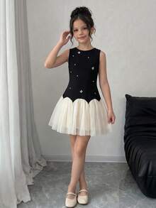 Firerie Kids Tween Girl Black And Cream Summer Elegant Party Dress,Pearl Patchwork Curved Hem Mesh A-Line Sleeveless Fitted Graduation Tea Party Formal Dress - Black - View 7
