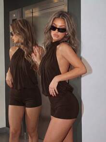 SHEIN ICON Y2K 夏季女款哥德風派對外出棕色性感露背上衣 - 棕色 - 查看 5