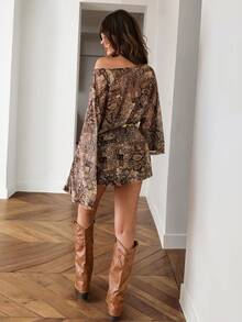 SHEIN ICON Fall Women's Going Out Brown Boho Vacation Cashew Pattern Off-Shoulder Flared Sleeve Mini Dress - Brown - View 2