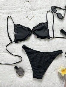 Swim Mod 刺繡網布薄紗荷葉邊褶皺前綁帶蝴蝶結抽繩腰部 可愛甜美時尚活潑派對兩件式比基尼套裝 - 黑色 - 查看 2
