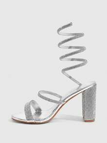 CUCCOO SZL Sandal Hak Tinggi Wanita Terbaru Seksi dengan Motif Ular Melingkar, Hiasan Berlian Imitasi Berkilau, Warna Perak, Sandal Hak Tinggi Nyaman untuk Pesta dengan Desain Melingkar. - Perak - View 4
