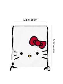 HELLO KITTY AND FRIENDS | SHEIN 可愛貓咪印花抽繩背包，輕量聚酯纖維，可調節肩帶，適用運動、學校、旅行、健身房 - 白紅 - 查看 7