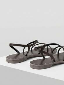Mnmlis Thin Rivet Cover Toe Flat Sandals - Coffee Brown 2 - View 3