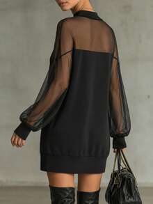 LUMIGAL Elegant Sexy Casual Mesh Patchwork Sheer Short Dress, Black, Spring/Summer/Autumn, Date Night Out Date Night/Commute/Daily/Office Halloween - Black - View 3