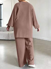 EURMUSE Plus Size Women Solid Color Raglan Sleeve Sweater And Knit Pants Casual Set - Dusty Pink - View 2