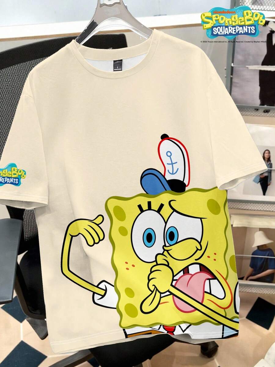 SpongeBob SquarePants | SHEIN Manfinity Joysei 男士卡通印花圓領短袖休閒T恤 - 卡其色 - 查看 1